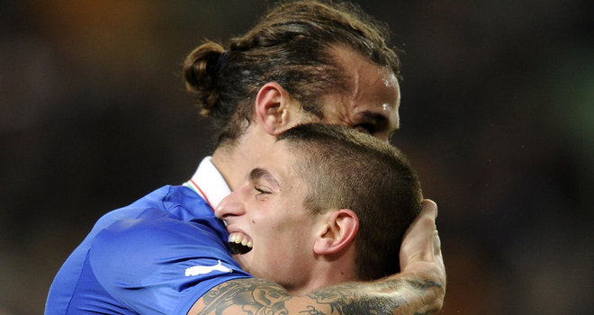 Italy's Marco Verrati celebrates scoring his sides late equaliser in Holland